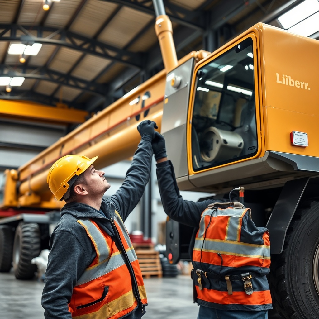 <photorealistic photo of a mechanical inspecting the boom of Liebherr LTM 1055-3