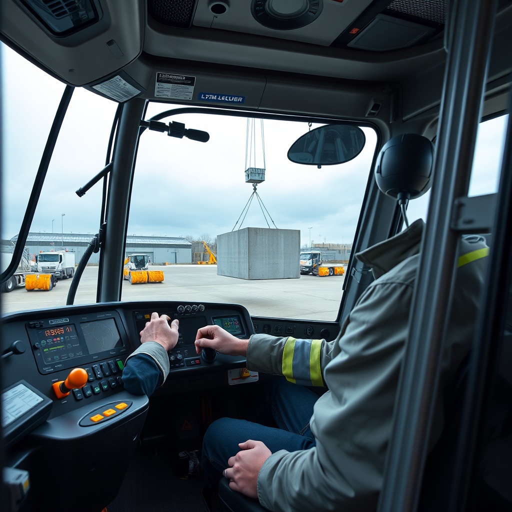 A professional crane operator inside the cab of a Liebherr LTM 1055-3