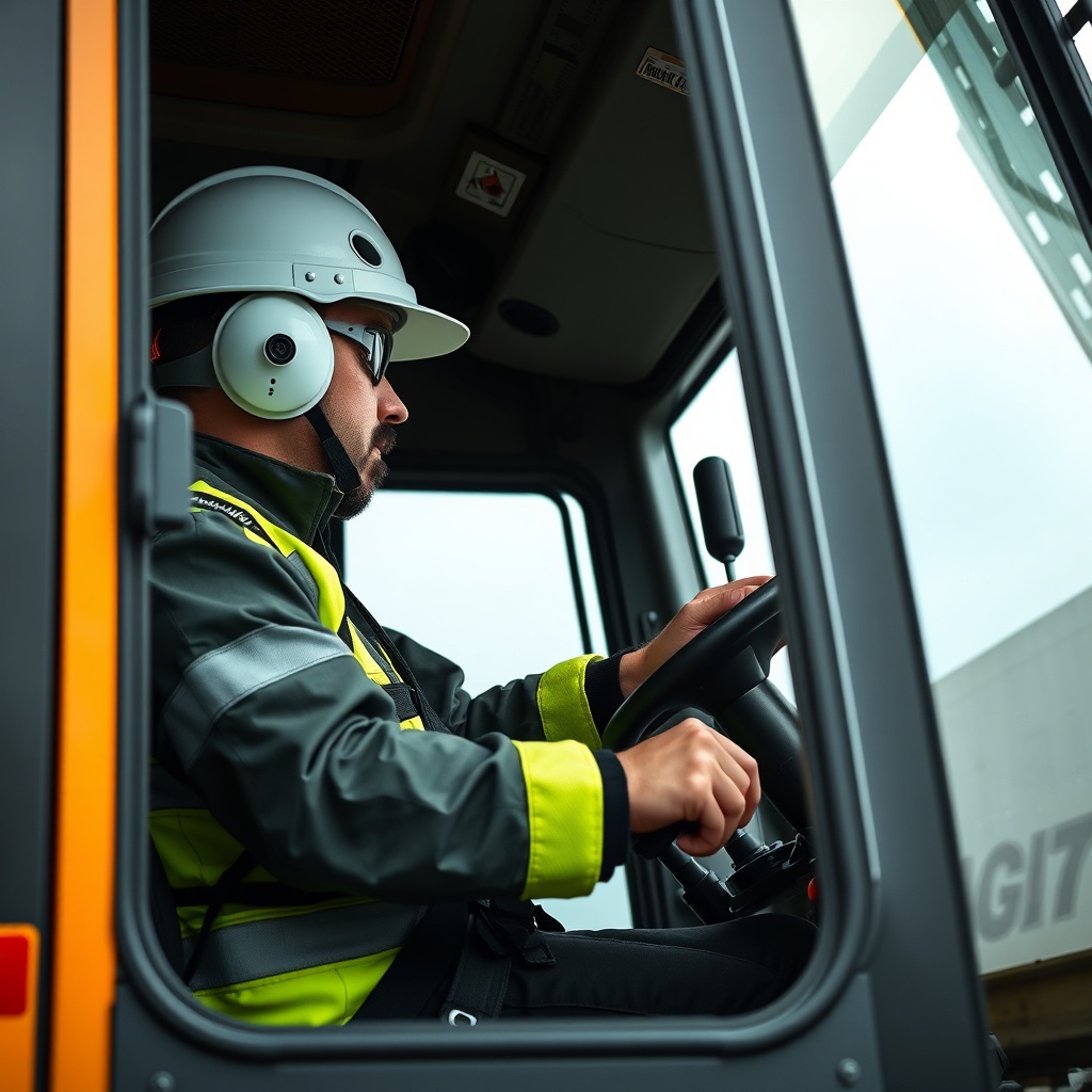 A crane operator inside the cab of a Liebherr LTM 1055-3