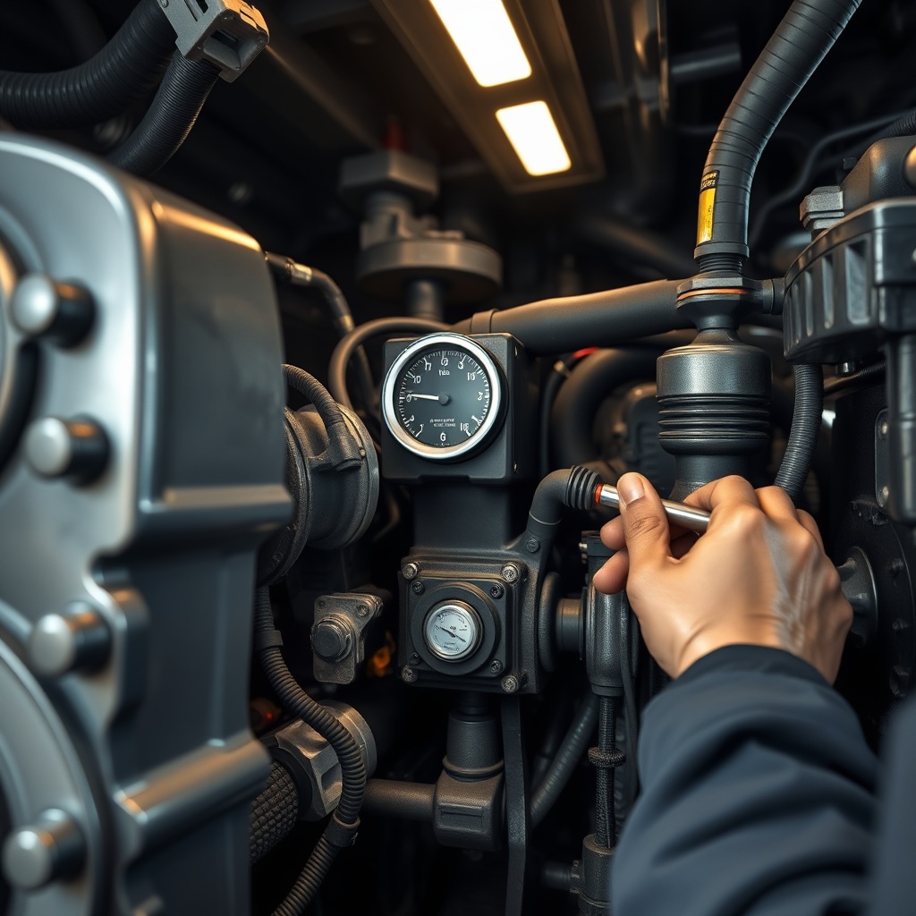 A hyper-realistic photo of an open engine bay of a Liebherr LTM 1055-3