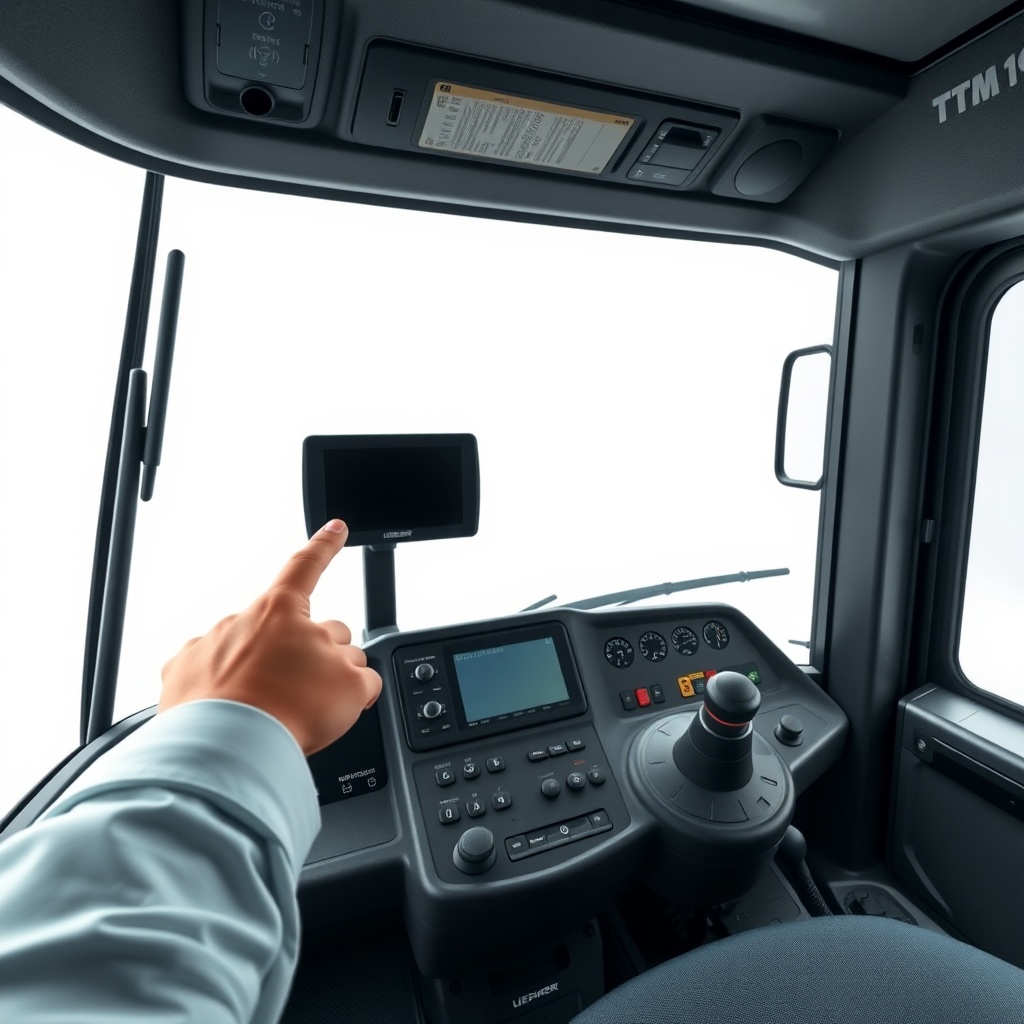 A photorealistic image of the cockpit interior of a Liebherr LTM 1055-3