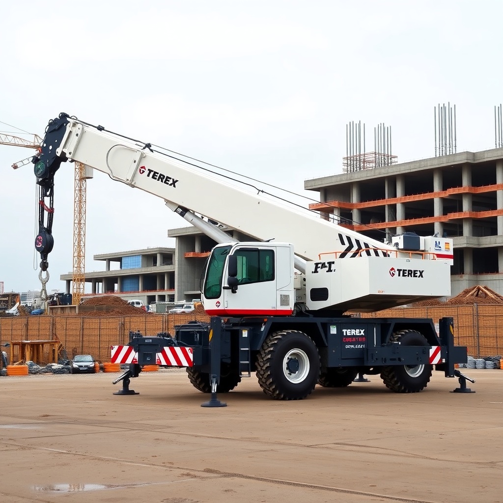 <clean photorealistic photo of Terex AC 100/4L with fully extended boom at a construction