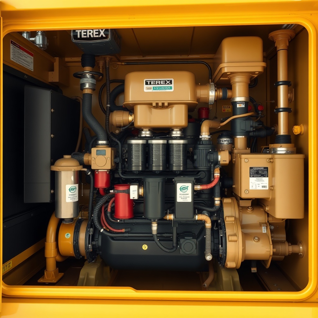 <clean photorealistic photo of a detailed engine bay and hydraulic pump area of Terex AC 1