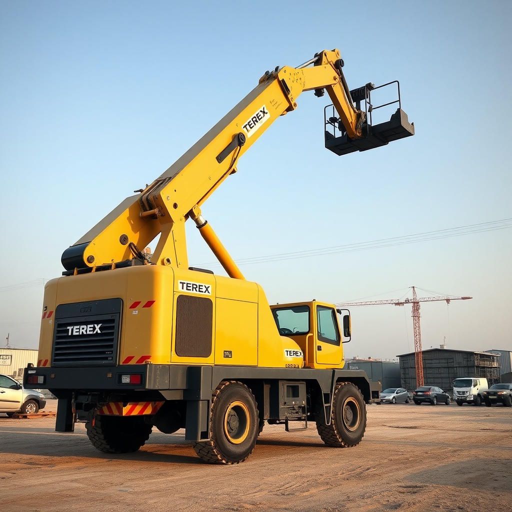 Bir inşaat sahasında güneşli havada çalışan Terex AC 100/4L vincinin gövde ve bom detayını