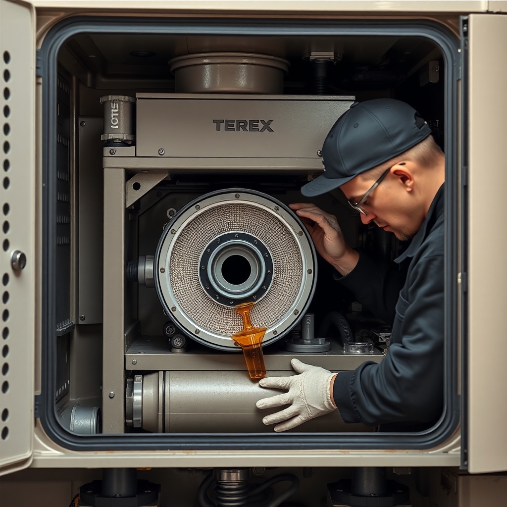<clean photorealistic photo of Terex AC 100/4L hydraulic filter compartment opened for mai
