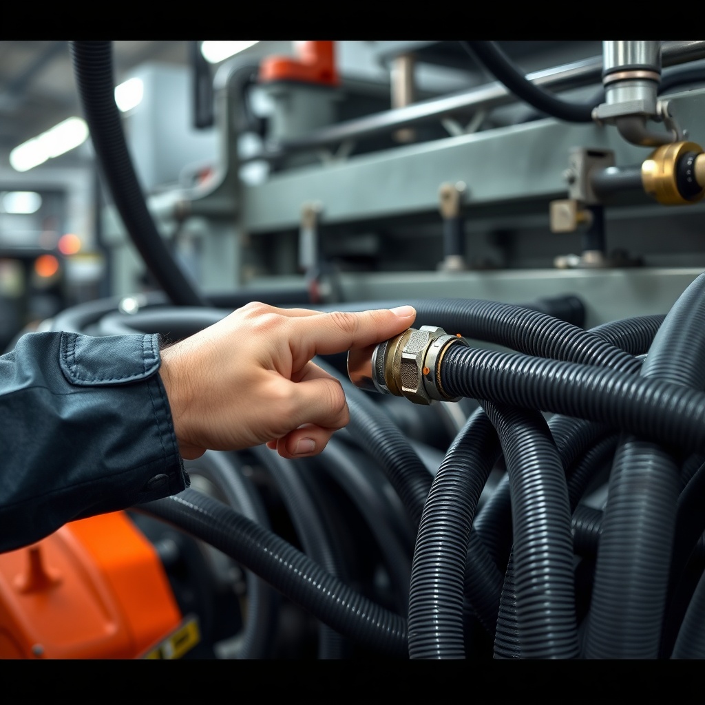 <clean photorealistic photo of Terex AC 100/4L hydraulic hoses being inspected with a tech