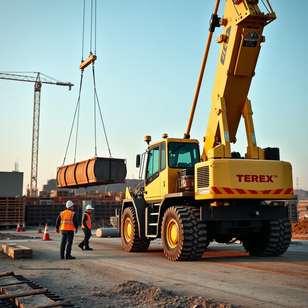 <clean photorealistic photo of a Terex AC 100/4L operating on a construction site with a l