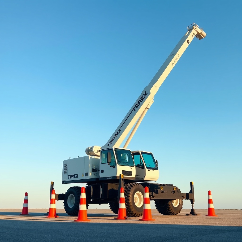 <clean photorealistic photo of a Terex AC 100/4L in a stationary position with outriggers