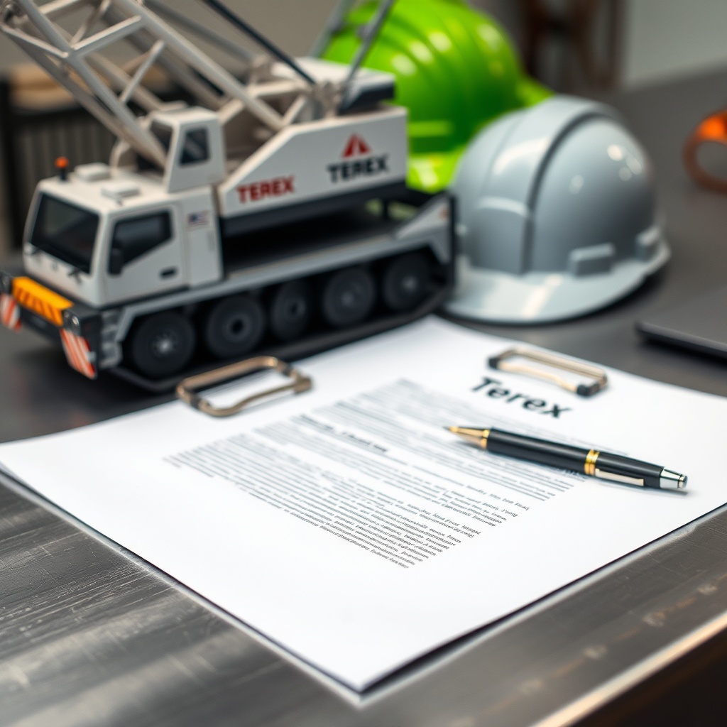 A close-up of a contract document and a pen laying on a metal workbench next to a model of