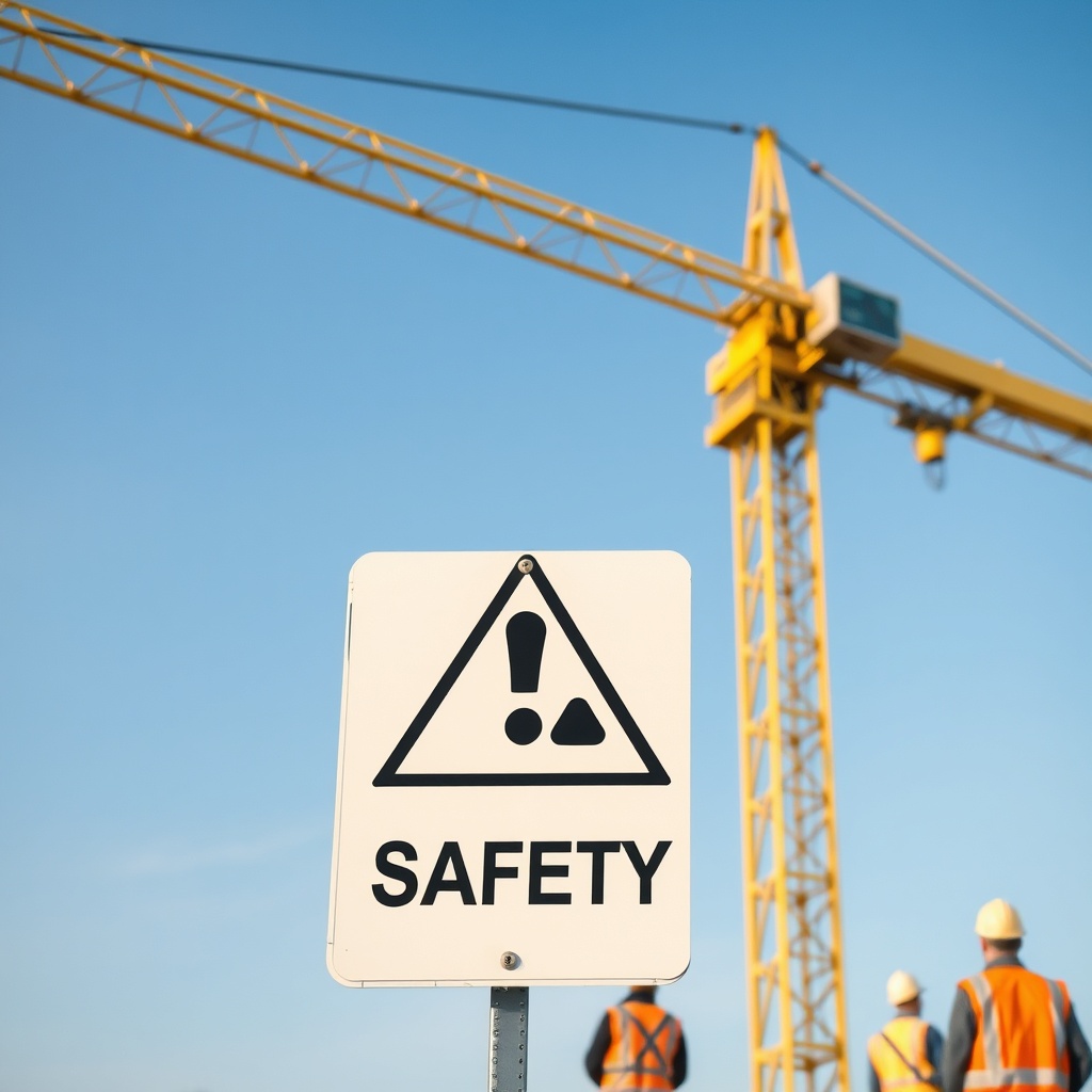 A construction site safety sign and a yellow crane boom against a blue sky