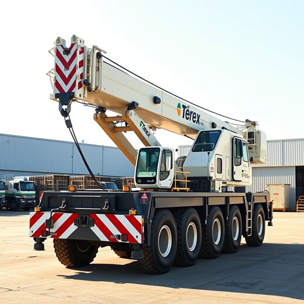 A clean photorealistic photo of a used Terex AC 100/4L crane in a sunny outdoor storage ya