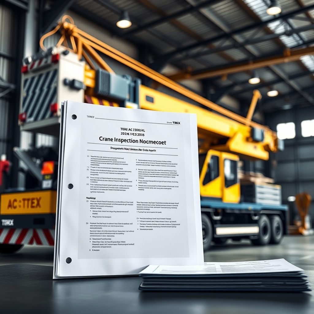 A clean photorealistic photo of a documents folder with crane inspection reports next to a