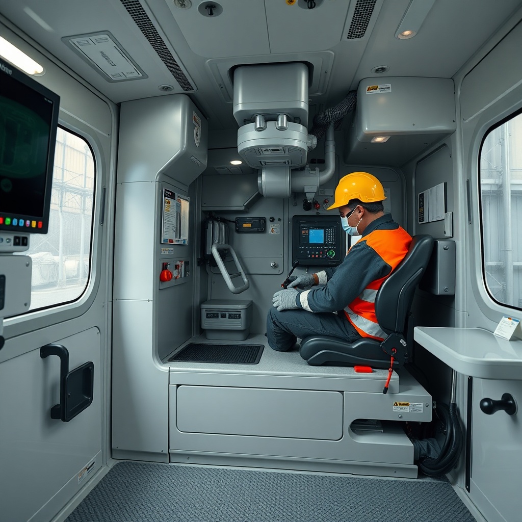 Bir operatörün Terex AC 100/4L vincin kabininde eğitim simülatörü kullanırken dikkatli bir