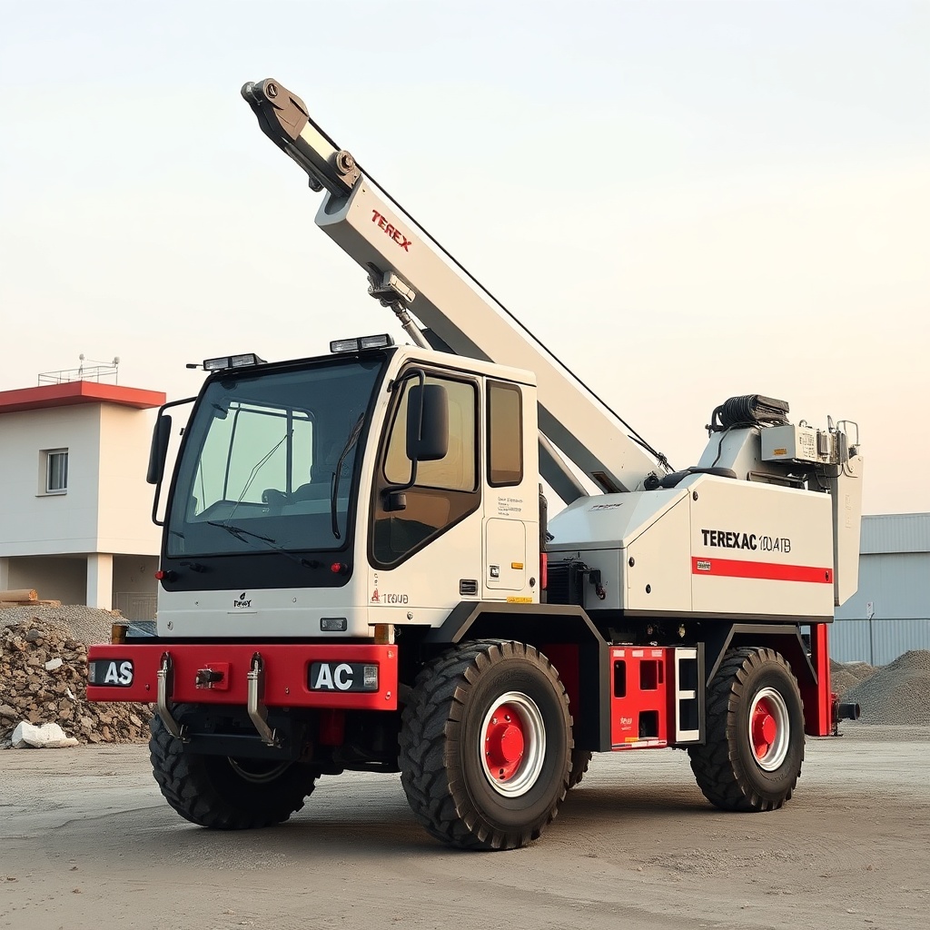 Terex AC 100/4L vincin bir inşaat sahasında stabilizatör ayaklarının tamamen açılmış ve ze