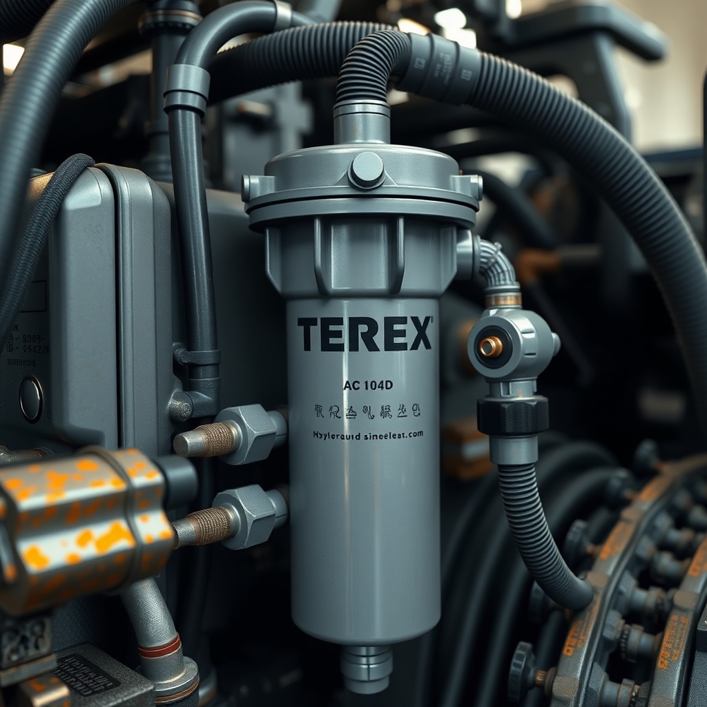 A photorealistic close-up of a Terex AC 100/4L hydraulic system showing filter housing and