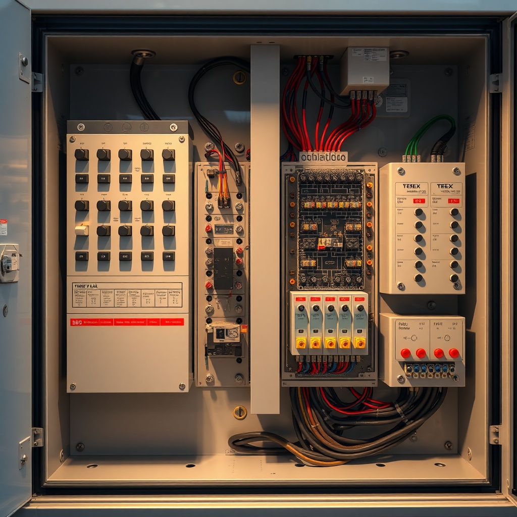 A photorealistic image of an open electrical cabinet of Terex AC 100/4L showing relays