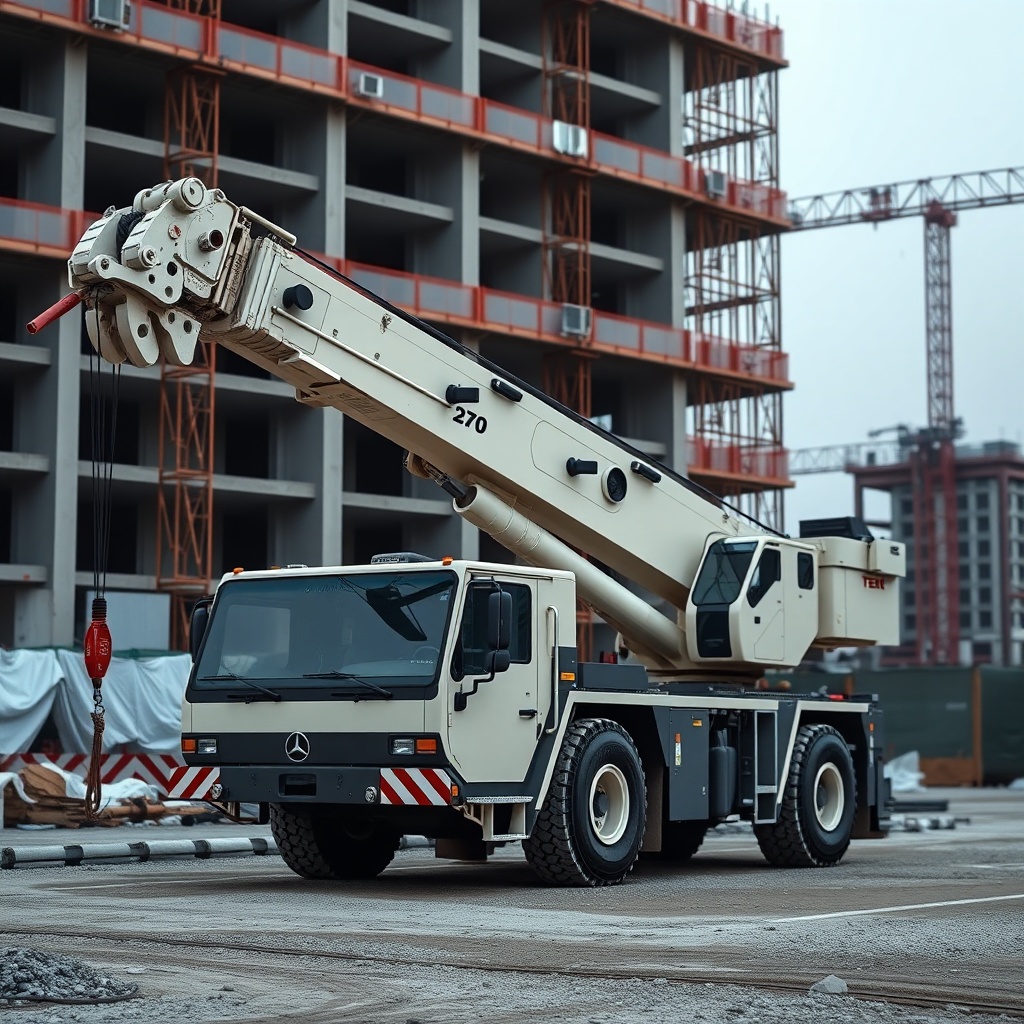<clean photorealistic photo/illustration of a Terex AC 100/4L mobile crane on a constructi