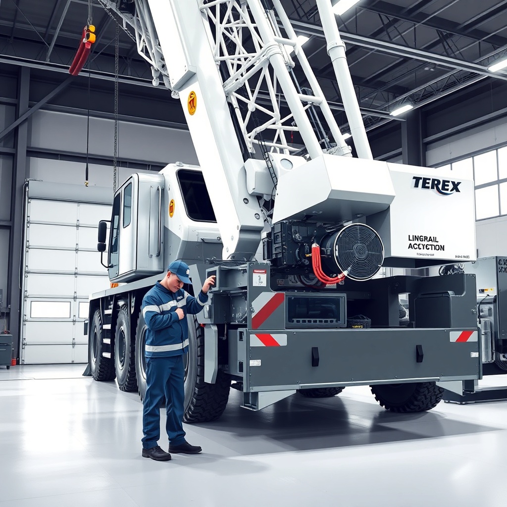 <clean photorealistic photo/illustration of a Terex AC 100/4L crane undergoing maintenance