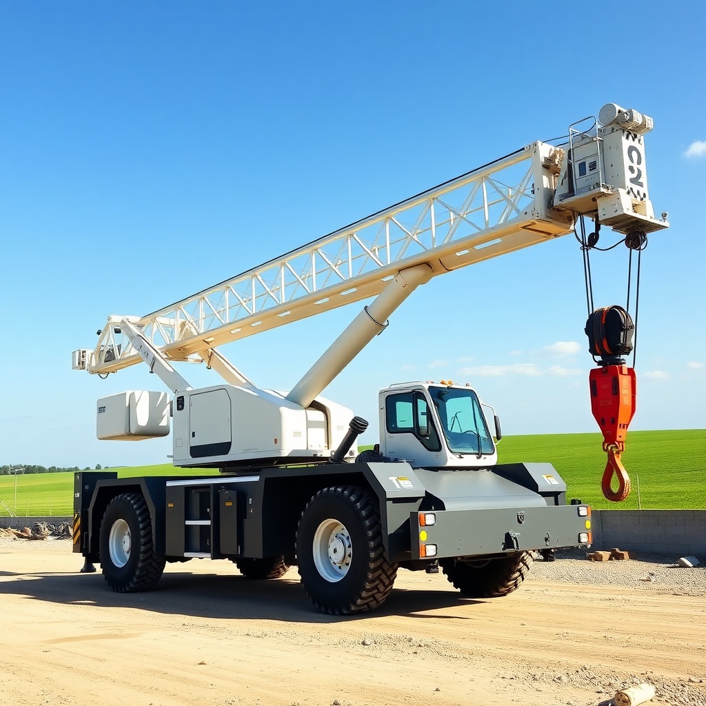 A full body wide-angle shot of a Terex AC 100/4L mobile crane on a sunny construction site