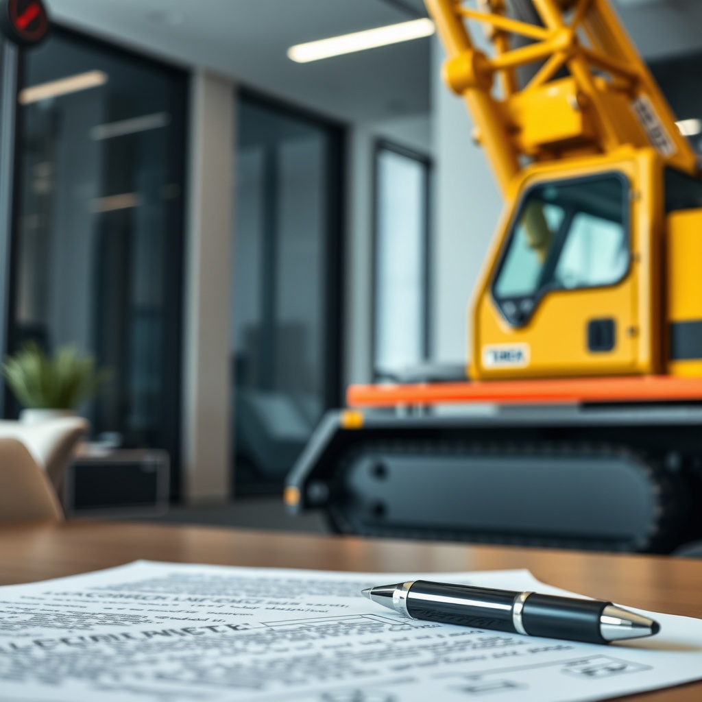 A close-up realistic photo of a Terex AC 100/4L crane’s hydraulic arm and a contract docum