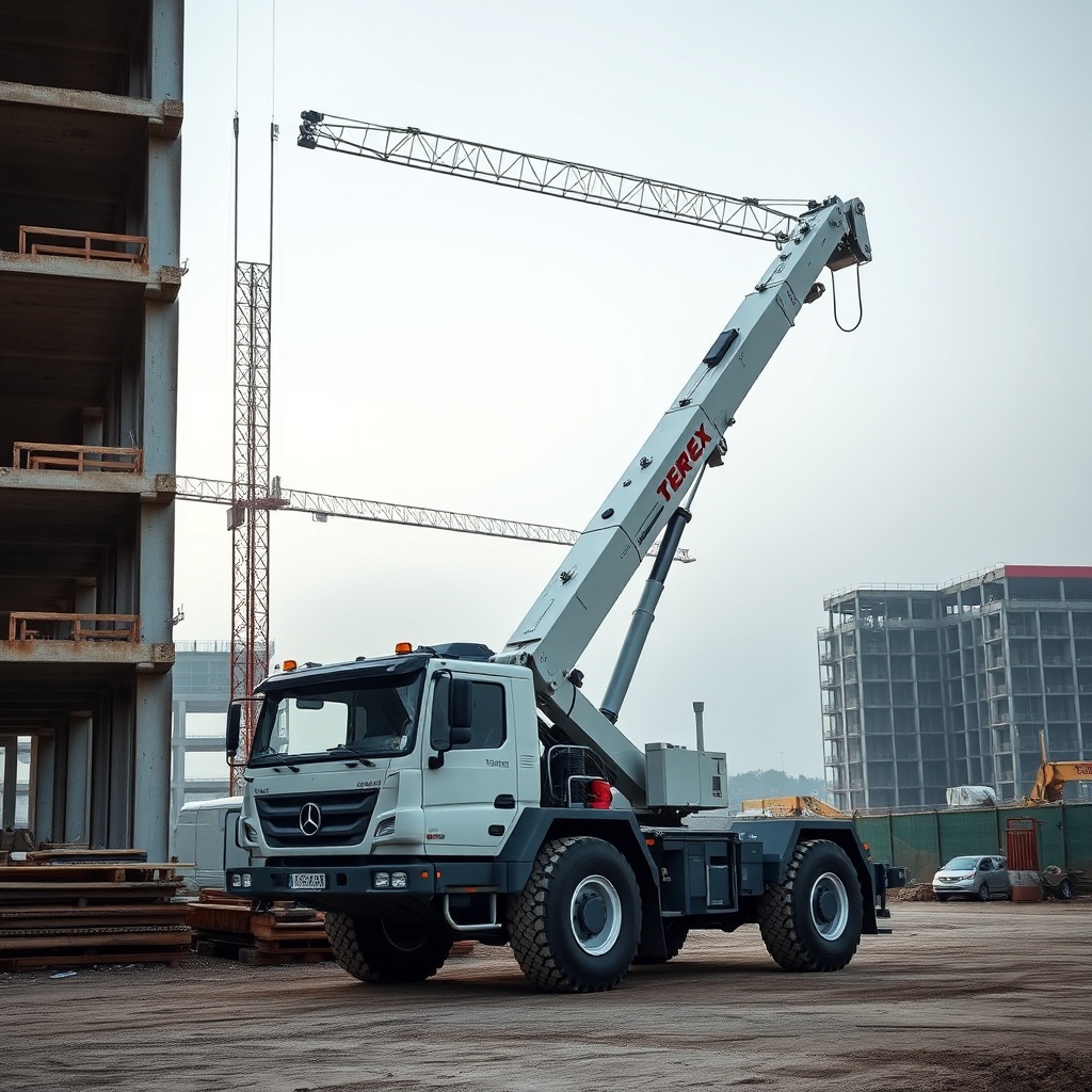 <clean photorealistic photo of Terex AC 100/4L performing a lift on a construction site