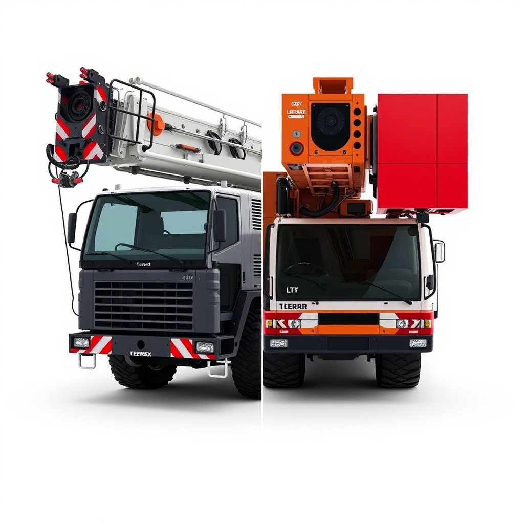 <clean photorealistic photo of Terex AC 100/4L and Liebherr LTM 1055-3