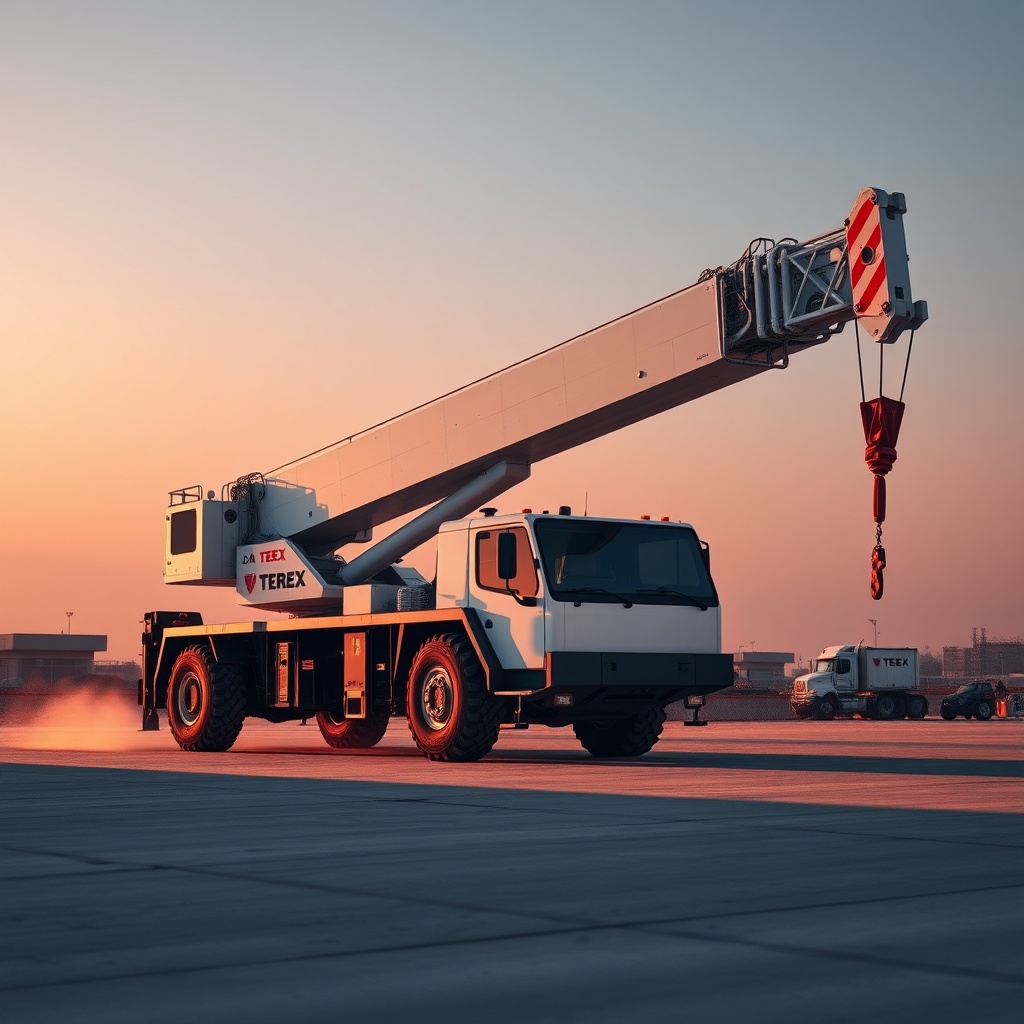 A photorealistic wide-angle shot of a Terex AC 100/4L crane parked on a flat worksite at g