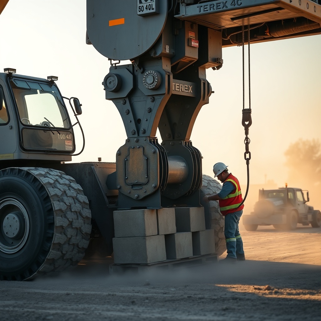 A close-up photorealistic photo of Terex AC 100/4L’s counterweight removal mechanism in ac